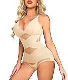 Irisnaya Shaping Bodysuit Shapewear Women Tummy Control Waist Trainer Full Body Shaper Under Dress V Neck Bra Jumpsuit Top (Large, Beige)