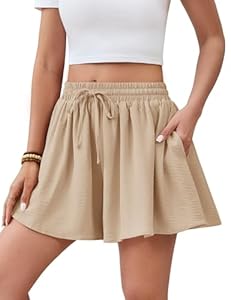 Fashora Shorts Damen Sommer Casual Weites Bein Kurze Hose Elastiche Hohe Taille Kordelzug Sommershorts Rüschen Freizeit Culottes mit Taschen (Khaki, M)