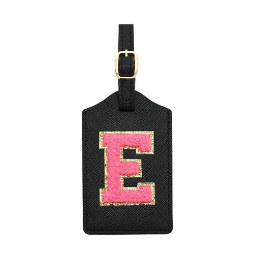 Initial Luggage Tag, PU Leather Luggage Tag, Embroidered Luggage Tag, Letter Luggage Tag, Monogrammed Luggage Tag, Luggage Tag for Baggage Bag Suitcase (E, Black Leather+Rose Red Letter)