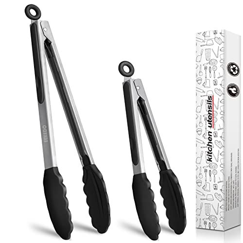 EEKEDO Kitchen Tongs, Stainless Steel Silicone Tongs for Cooking 600ºF High Heat-Resistant BBQ Grilling Locking Tongs, Set of 2-9\" and 12\"