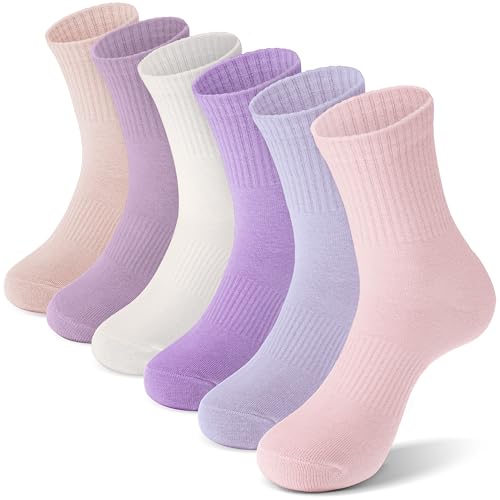 ANTSANG Kids School Athletic Sports Cotton Socks Breathable Soft Crew Socks for Teen Girls Boys 6 Pairs (Purple Mixed 9-14 Years)