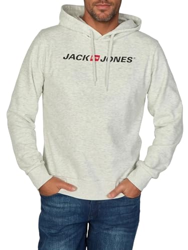 JACK & JONES Hoodie Herren mit Druck JJMORTY Regular Fit Kapuzenpullover Pullover Sweatshirt Größe:3XL Farbe:White Melange (12303641)