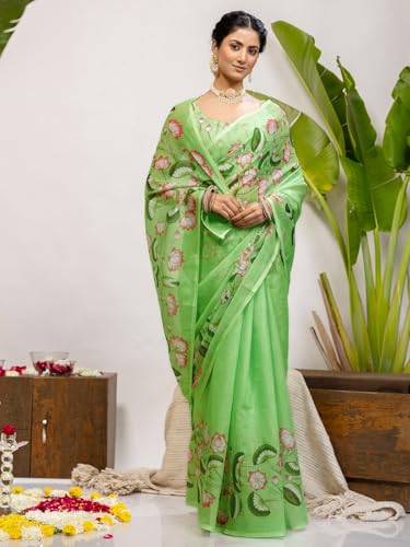 Image of SIRIL Women's Cotton Linen Printed Saree With Unstitched Blouse Piece
