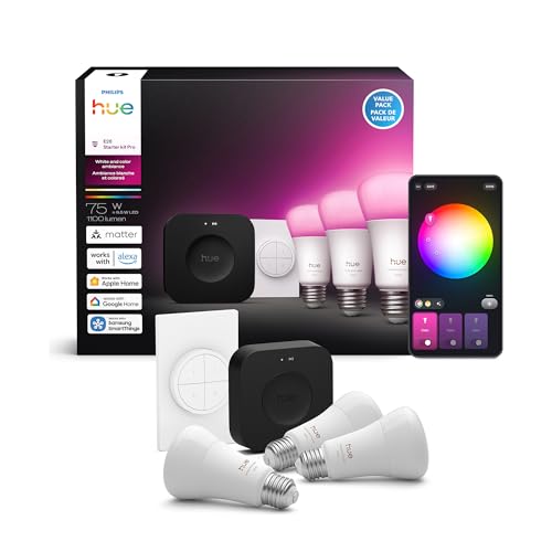 Philips Hue Starter Kit: Bridge Pro + 3 A19 E26 Smart Bulbs + Tap Dial Switch,White&Color Ambiance, Smart Light Hub,Works with Apple Home,Alexa,Google,Samsung SmartThings