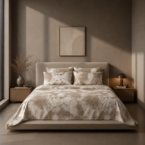Image of VELOURA Tie-Dye Bedsheet Set, 100% Cotton, King Size 108x108 Inches, 300 Thread Count, with 2 Pillow Covers, Beige