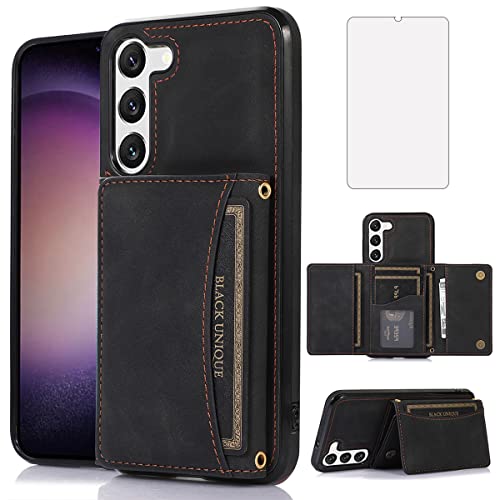 NKECXKJ Design for Samsung Galaxy S23 FE Wallet Case with Tempered Glass Screen Protector PU Leather Credit Card Holder Slot Phone Cases Kickstand Shockproof Protective Cover for Men 6.4 inch Black