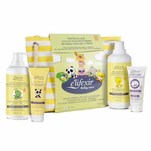 Elifexir Baby Care | Geschenkset für Babys | Dermatologisches Shampoo-Gel (500 ml) + Feuchtigkeitsspendende Körpermilch (400 ml) + Windelcreme (75 ml) + Gesichtscreme (50 ml) + Beauty Case