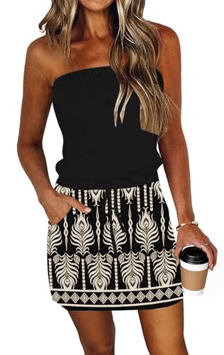 Image of SAUKOLE Summer Dress for Women Strapless Beach Cover Ups Boho Sundress Mini Dress Drawstring Waist with Pockets