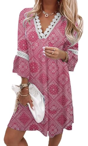 Arevill Damen Bohemian Tunika Kleid Strandkleid Sommerkleider Blumen 3/4-Arm MiniKleid Lose Freizeitkleid Tunikakleider