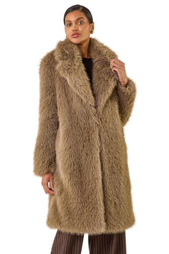 Image of Roman Originals Women Faux Fur Coat - Ladies Jackets Teddy Bear Plush Casual Soft Fluffy Textured Oversized Warm Cosy Autumn Winter Flattering - Brown - Size 16