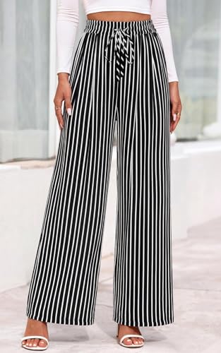 Image of PRETTYGARDEN Womens Pants Elastic Waist Floral Lightweight Palazzo Pants for Women Casual Lounge Wide Leg Pants Woman