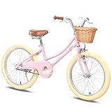 Petimini 20 Inch Kids Bike for 5 6 7 8 Years Old Little Girls Retro Vintage Style Bicycles with Training Wheels and Bell,Pink…