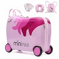 MiniMax 45x36x20cm 29L Kids Ride-On Suitcase 4PCS Set Inc Drawstring Bag, Neck Pillow & 50+ Personalisation Stickers, Easyjet Max Size Childrens Rolling Hand Cabin Luggage 45x36x20 (Unicorn)