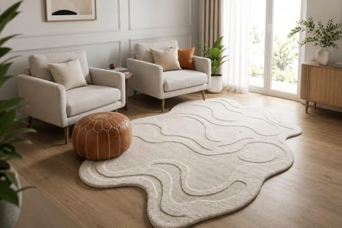 Image of Hand Tufted Wool Rug 6x8 Ft - Modern Irregular Shape Aesthetic Carpet, 1 Inch Thick Pile, Anti-Skid Backing, Soft Handmade Woolen Area Rug for Living Room, Bedroom, Hall Decor