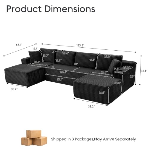 Image of 133 inch Oversized Cloud Boneless Sofa Couch with Chaise, Modern Corduroy U Shaped Modular Sectional Sofa with Deep Seat, Comfy Couch with Cupholders and Storage, No Assembly Required-Black