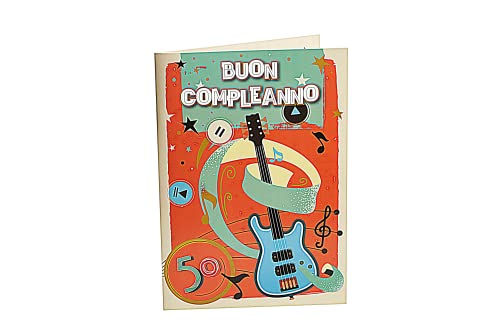 Biglietto Auguri Compleanno 50 Anni Uomo, Idee Regalo per i 50 anni Uomo, all’interno una Chitarra DA SUONARE con Audio “Smoke on the Water”, Formato A4 – 30 x 21 cm