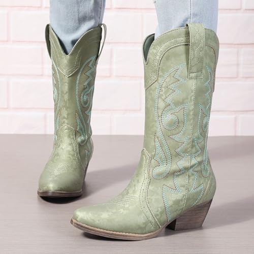 Image of SelRoys Cowboy Boots for Women Cowgirl Mid Calf Western Pointy Toe Boots Embroidered Stitched Chunky Heel Red Brown US5-11