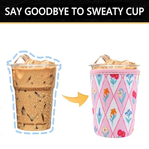 Image of YR Reusable Neoprene Insulator Sleeve for Iced Coffee Cups, 3 Pack Coffee Coolies sleeves for Iced & Hot Drinks, Cold Beverage Cooler Compatible with Starbucks Coffee and More (Diamond Flower)