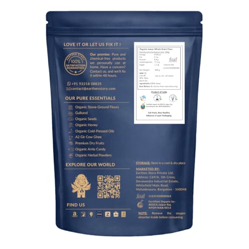 Image of Earthen Story Certified Organic Jowar Flour 800g | Lab Tested for 250+ Pesticides | 100% Whole Grain, Stone Ground, Millet Flour | Protein Rich Gluten Free Atta | Jowar Atta