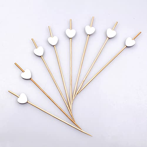 AKOAK 100 Stück handgefertigte 11,9 cm weiße Herz-Cocktail-Sticks Sandwich-Obst-Zahnstocher, Cocktail-Plektren, Partyzubehör Cover