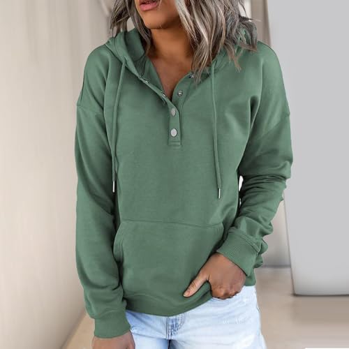 Sudadera con Capucha y Cuello de botón para Mujer, Camiseta de Manga Larga con cordón, Comodidad Casual, Verde, Large