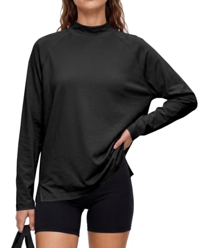 Fisoew Womens Mock Neck Long Sleeve Shirt Base Layer Tunics Loose Fit Workout Athletic Tops with Side Split Black
