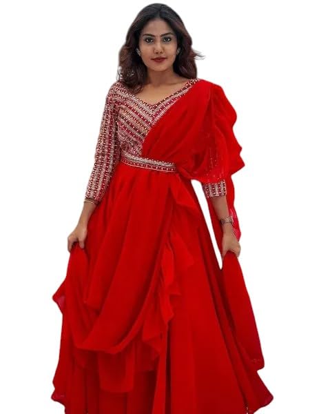 Butter Buds Womens Beautiful and Trendy New Georgette Gown with Frill Dupatta and Belt with Attractive Embroidery for Function and Festival Use-picture-19