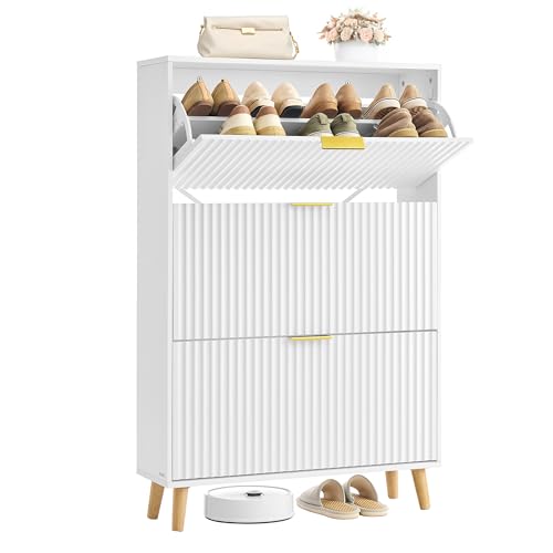 Fascino moderno di metà secolo: Questa scarpiera a ribalta, della Collezione MAXE, presenta ante scanalate, maniglie sottili e gambe affusolate, completa il look con i mobili e i cassetti coordinati per una casa armoniosa e dall’aspetto “da designer”