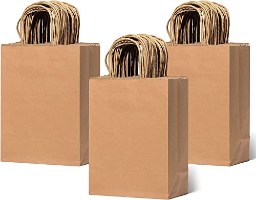 RACETOP Brown Paper Bags with Handles Bulk 100Pcs 8x4.5x10.8 Inches Gift Bags, Brown Kraft Paper Bags, Gift Bags Bulk, Retail Bags, Party Bags