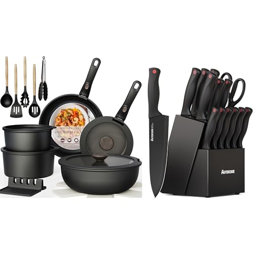 Image of Astercook 21 Pcs Pots and Pans Set Non Stick with 15 Piece Knife Set with Sharpener Block