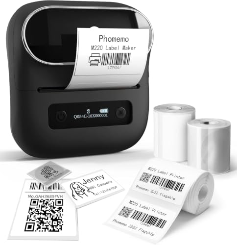 Phomemo M220 Impresora de Etiquetas, Portátil Etiquetadora Etiquetas Térmicas Código de Barras,Retail,Pequeña Empresa, Compatible con Smartphone y PC, con 3 Rollos de Etiquetas.