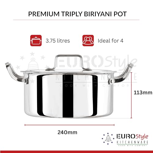 Image of EUROStyle 24CM Professional Stainless Steel Triply Biryani Pot with Lid, Heavy Duty, Deep Cooking Vessel, ISI Mark Certified, Ideal for Biryani, Curries & Dum Cooking - 3.75L (Ideal for 4 Persons)
