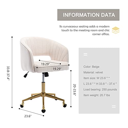 Qtivii Velvet Home Office Chair, Modern Office Chair With Gold Base, Home Office Desk Chair For Living Room, Bedroom, Vanity, Study (Beige) #TOP5