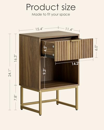 Image of Masupu Fluted Nightstand,Modern Night Stand Wood Bedside Table with Storage Drawer Side End Table for Bedroom,Office,Walnut Brown