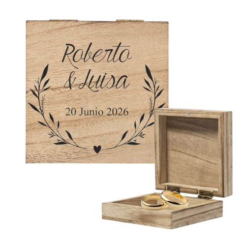 Nomart Caixa porta-alianças gravada em madeira, suporte anéis de casamento, suporte de arras personalizado, para transportar anéis, caixa porta-alianças