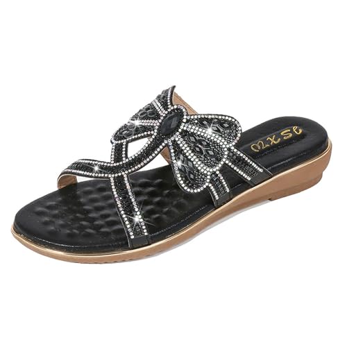 Women's Flat Sandals Summer Beach Sandal T-Strap Rhinestone Beaded Bohemia Shoes