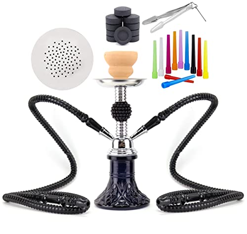 Zebra Smoke The Eddie Edition: 11" Tall 2 Hose-Sharing Mini Glass Base Hookah / Washable Hose / Complete Set Shisha Nargila W/ Box. [ Coals/ Mouth Tips / Pre Cut Foil Covers ] (Black) #TOP18