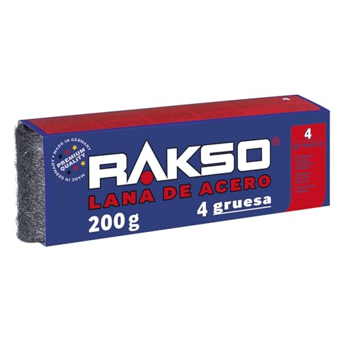 RAKSO Lana de acero gruesa 4-200 g, 1 banda, elimina aceite y grasa del metal, limpia piedra natural y artificial, lija madera vieja