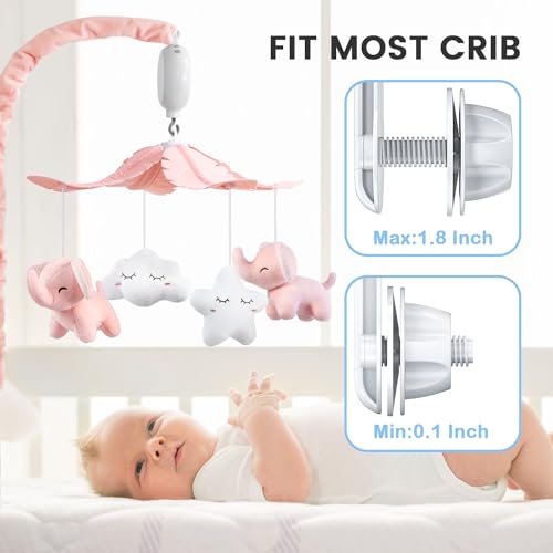 FEISIKE Baby Crib Mobile for Girls Boys with 3 Modes Digital Musical Motor(Rotating Only, Music Only, Rotating & Music, 35 Lullabies, Pink Elephant Nursery Mobile, Knob Type - Image 5