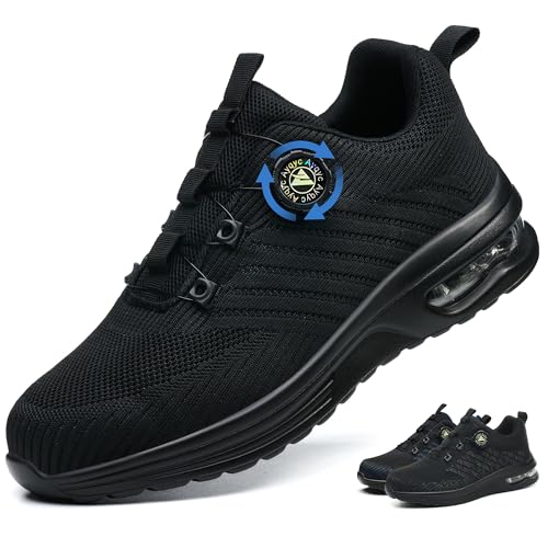 Ayqyc Sicherheitsschuhe Herren Damen Arbeitsschuhe Leicht Atmungsaktiv rutschfeste Stahlkappenschuhe mit Drehschnallen Schnürsenkeln Schwarz 43 EU