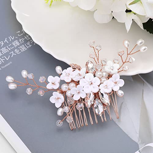 Accer Pearl Bridal Hair Comb Rose Gold Crystal Wedding Hair Combs Flower Bride Hair Accessories For Women And Girls #TOP1