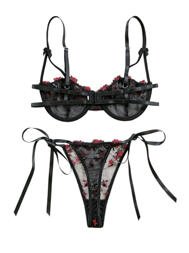 Image of Lilosy Sexy Tie Side Cute Underwire Push Up Strappy Embroidered Mesh Sheer Lingerie Set