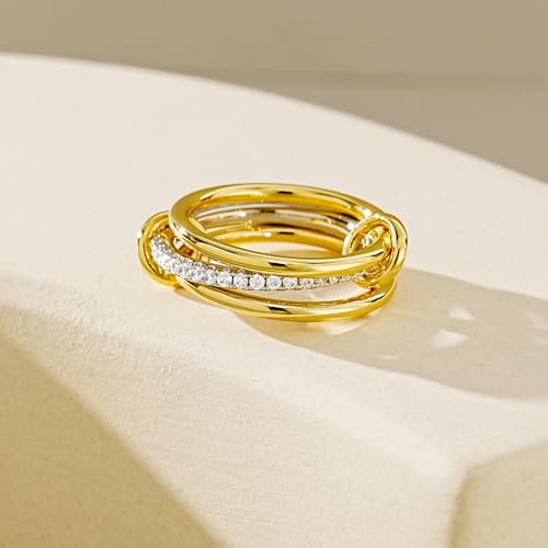 14K Gold Plated Stackable Rings,3 CZ Cubic Zirconia Ring Set,Silver & Gold Stacking Rings, Multi-Link Connected,Statement Interlocking Band for Women, Hypoallergenic, Non Tarnish wedding ring3