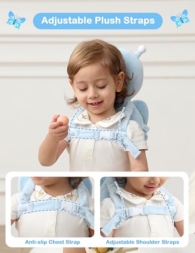 Image of JunNeng Baby Head Protector Backpack for Walking Crawling, Blue Butterfly | Soft, Breathable, Adjustable, Baby Fall Back Head Protector for Falling