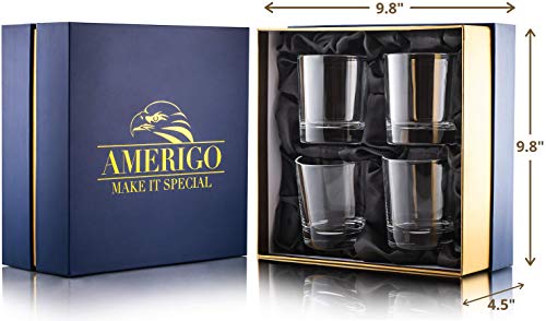 Amerigo Crystal Whiskey Glass Set of 4 in Luxury Gift Box - Heavy Base Old Fashioned Whiskey Glasses 10oz for Scotch - Whisky Gift for Men - Bourbon Glass Tumblers - Fathers Day Gift - Home Bar Set