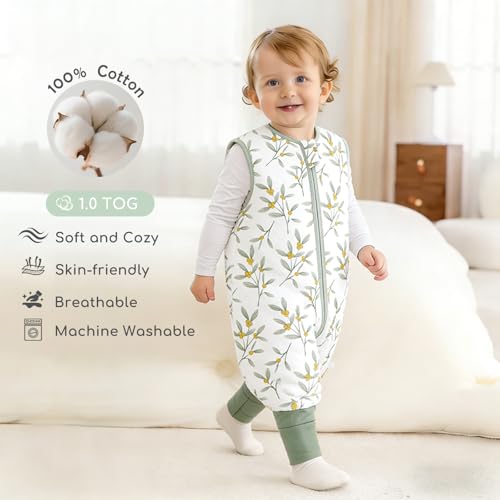 Image of Chilsuessy Toddler Sleep Sack with Feet 6-18 Months, 1.0 TOG Cotton Baby Wearable Blanket with Legs, Sleep Bag Walker with 2-Way Zipper, Osmanthus Fragrans