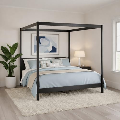 Solid Pine Canopy Bed Frame, King — Matte Black Painted Finish