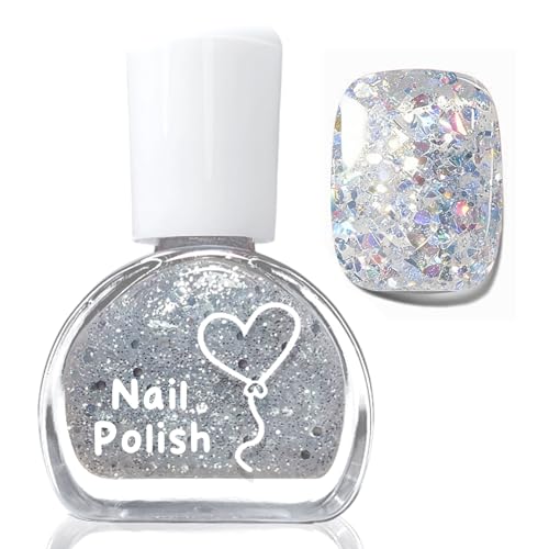 Esmalte de uñas con purpurina plateada con acabado cremoso, esmalte de uñas brillante de larga duración, esmalte de uñas no tóxico, a base de agua, sin lámpara UV, barniz de color natural para mujeres