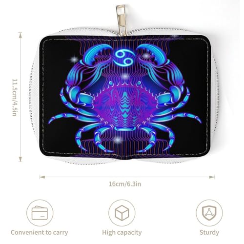 Women Leather Coin wallet, Key Change Organizer Zipper Card Holder Purse Clutch Pouch Pocket 4.5x3.15 in Print Bright Blue Neon Signs of the Zodiac Cancer on Dark3