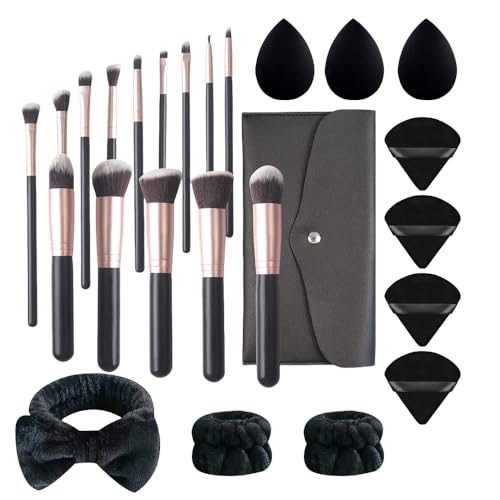 25Pcs Makeup Brush Sets with Wristbands and Headband, Including 14Pcs Makeup Brushes, 3Pcs Blender Sponge, 4Pcs Powder Puffs, Multi-functional Makeup Tool Set for Women and Girls (Black)